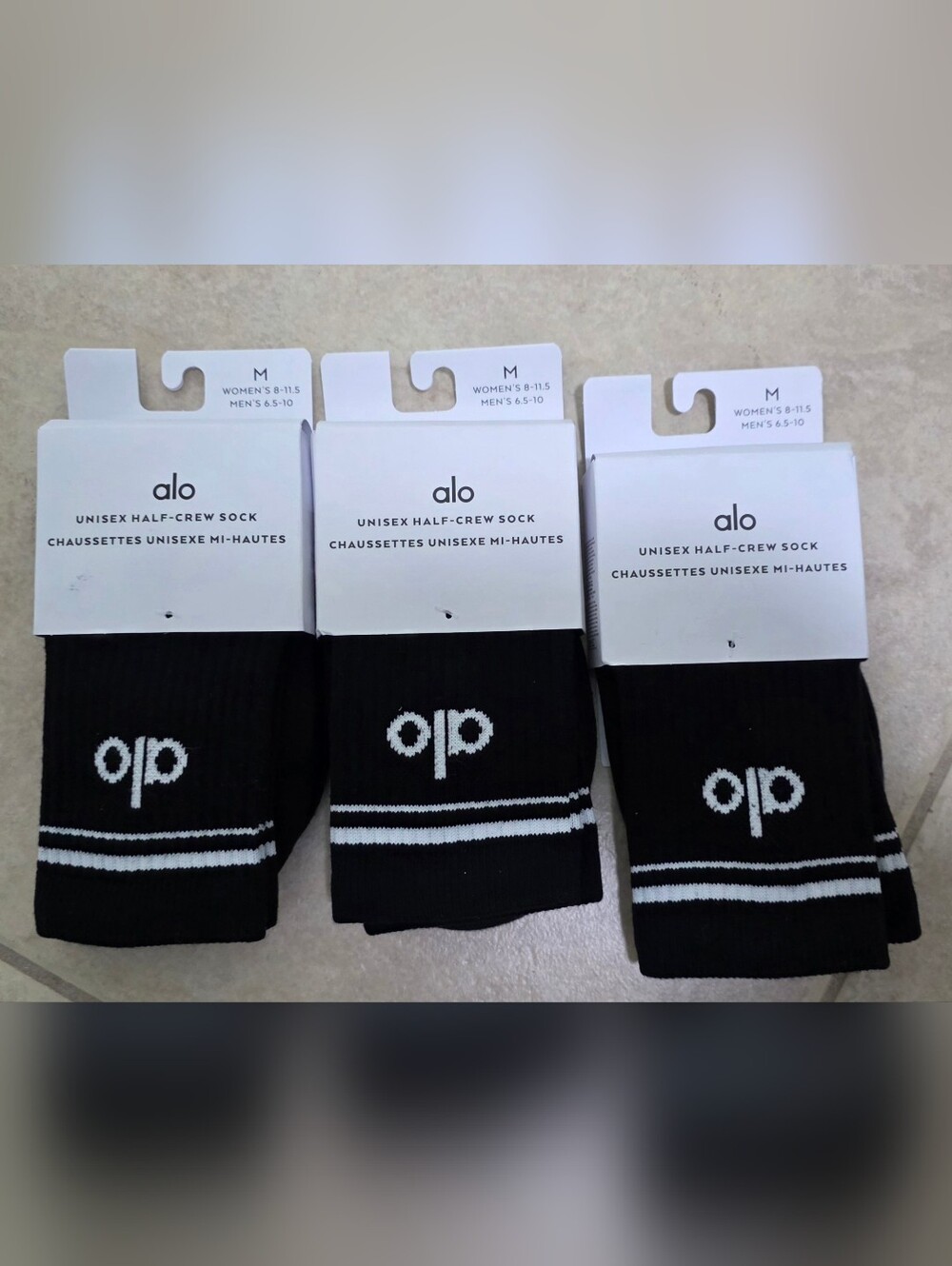 ALO Yoga Black Half-Crew Socks with White Logo & Stripes